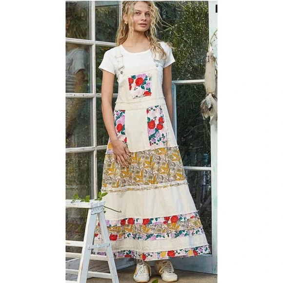 POL Overall Style Mixed Print Patchwork Oatmilk Maxi Dress Size M NEW - Picture 2 of 6